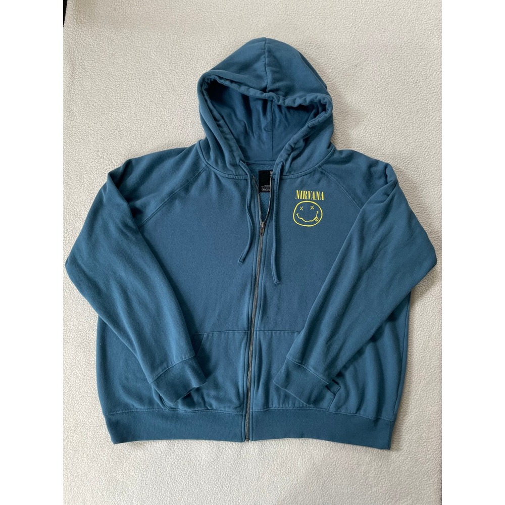 Nirvana Womens 2X Zip Up Hoodie Blue Teal Smiley Face Graphic Rock Band Grunge